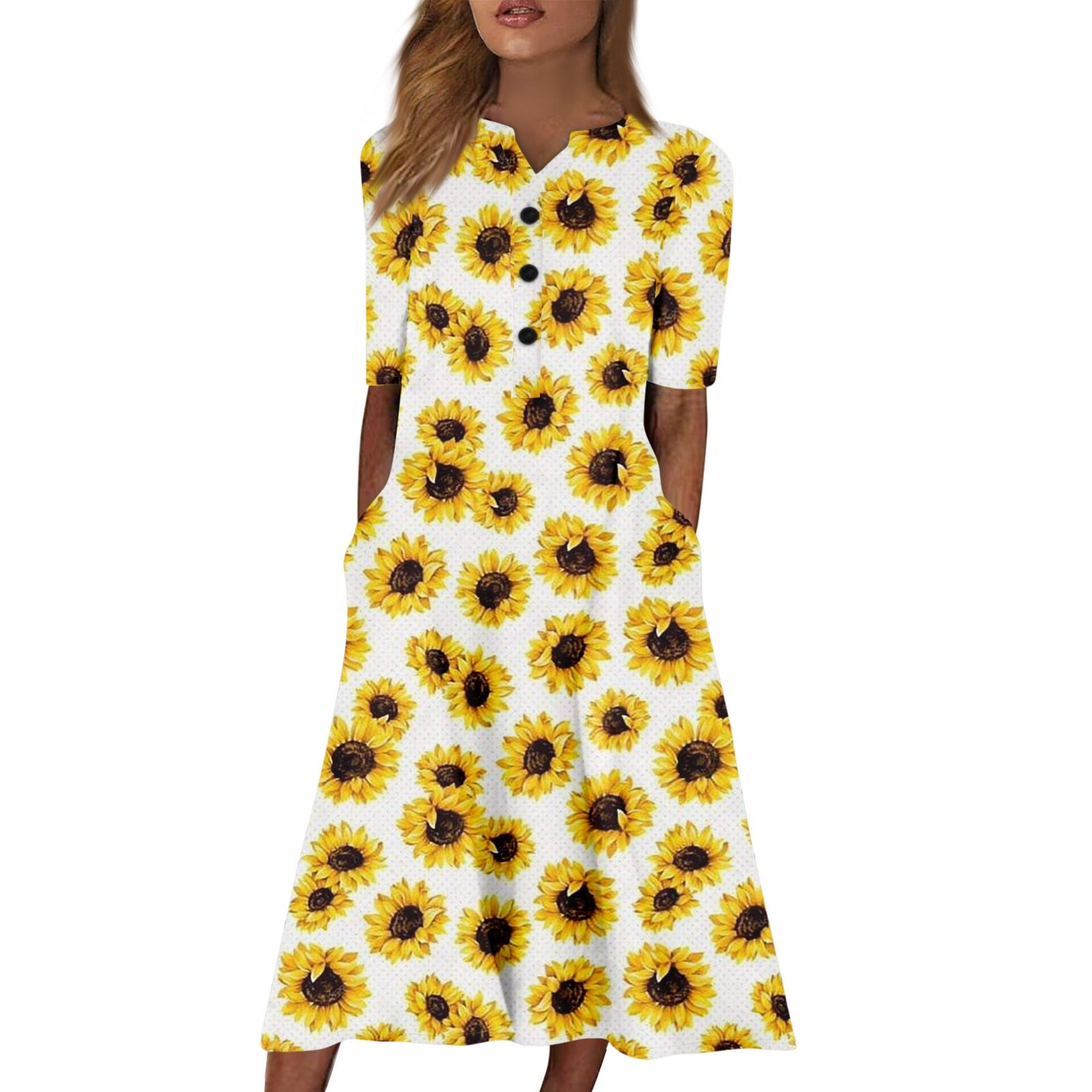 【新品タグ付き】 Sunflower-Printed Midi Dress XS SXAURA Women's V-Neck Short Sleeve Sunflower Print Dress