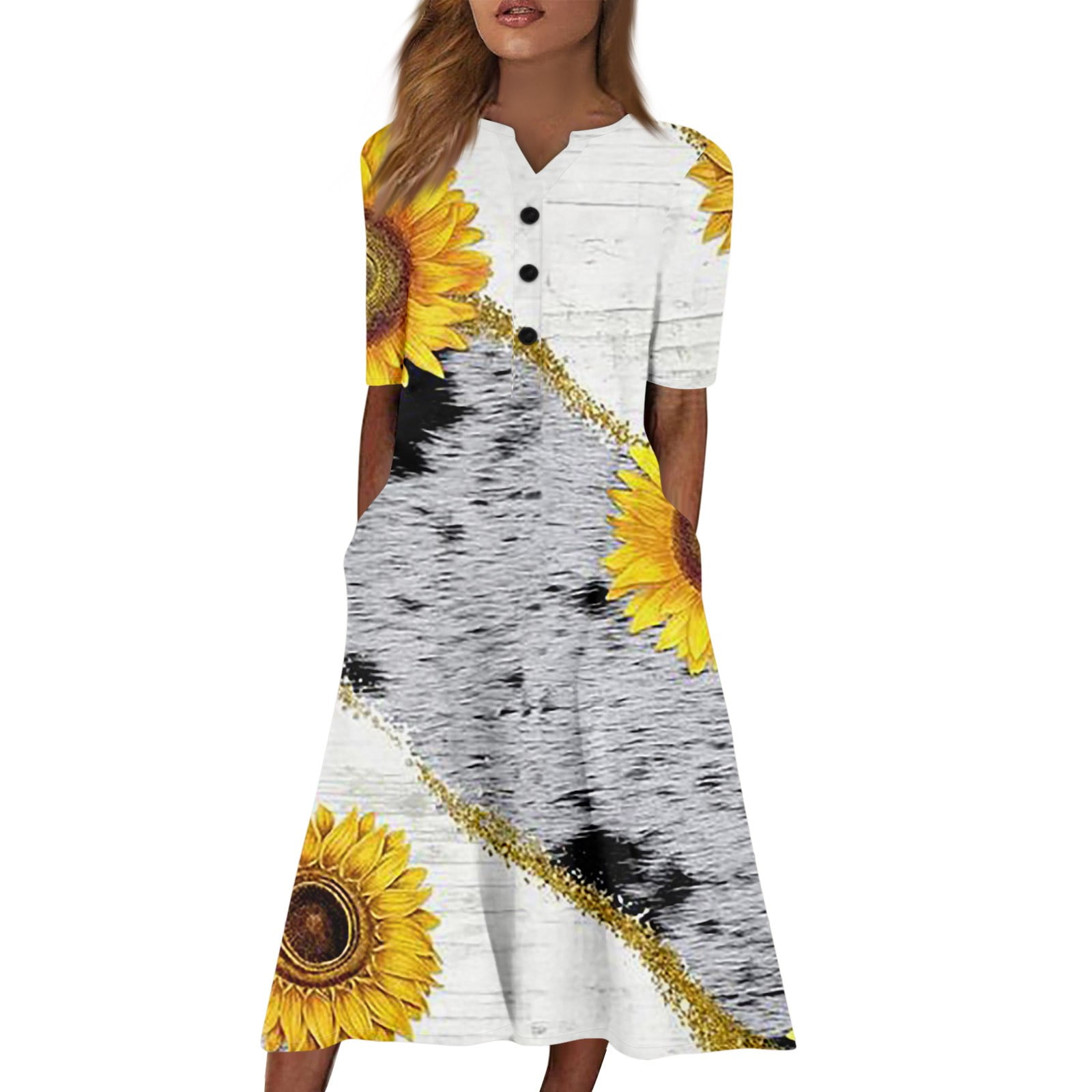 SXAURA Women's V-Neck Short Sleeve Sunflower Print Dress