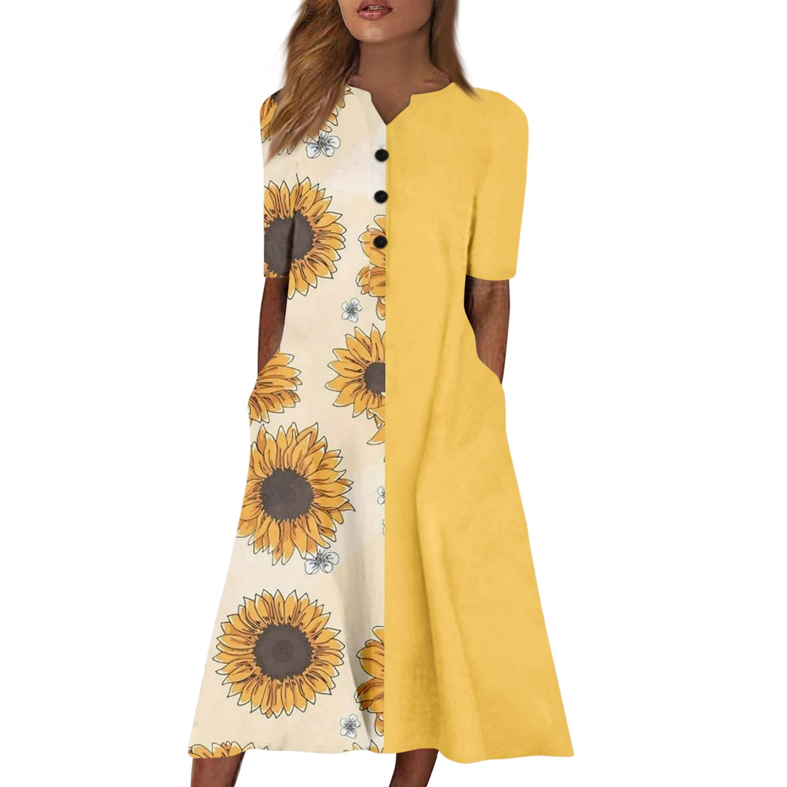 Sunflower-Printed Midi DressサイズS SXAURA Women's V-Neck Short Sleeve Sunflower Print Dress