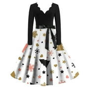 SXAURA Women's Vintage 2024 Hepburn Dress | Long Sleeve Fashion Print V-Neck Flared Maxi Summer Dress Black S