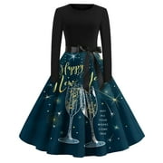 SXAURA Women's Vintage 2024 Hepburn Dress | Long Sleeve Fashion Print V-Neck Flared Maxi Summer Dress