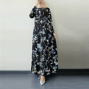 SXAURA Women's Vintage Long Sleeve Flared Dress with Floral Print | Classic Round Neck Maxi Summer Dress Black S