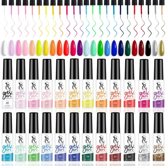 SXC Cosmetics 24-Color Gel Liner Set for Nail Art - With Built-in Thin Brush for Swirl Nail Designs and Soak-Off Gel Polish E22