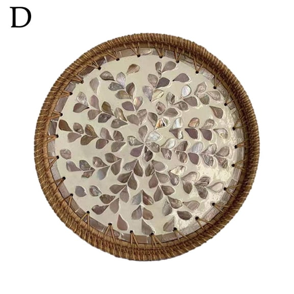 SXCRFKXH Round Rattan Tray 30cm, Rattan and Shell Mosaic Serving Tray, Rustic Table Trays Hand Woven Rattan Trays for Storage Display Coffee Bread Fruit Snack Breakfest