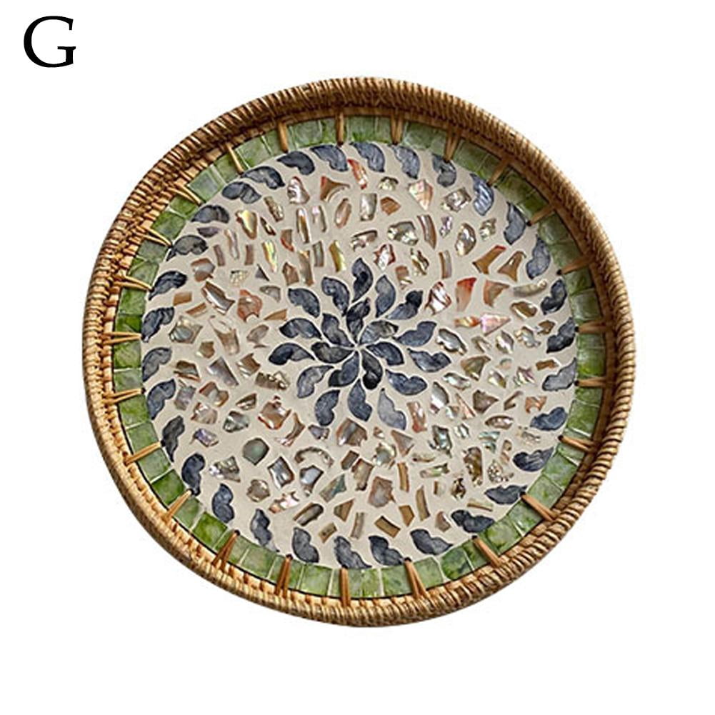 SXCRFKXH Round Rattan Tray 30cm, Rattan and Shell Mosaic Serving Tray ...