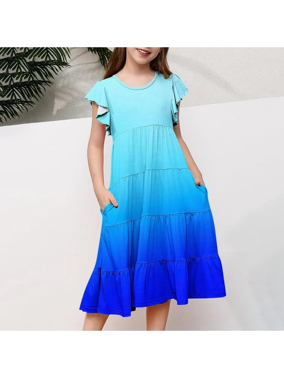 Girls Ombre Gradient Casual Short Sleeve Summer Dress Comfortable Loose Blue 10-11 Y