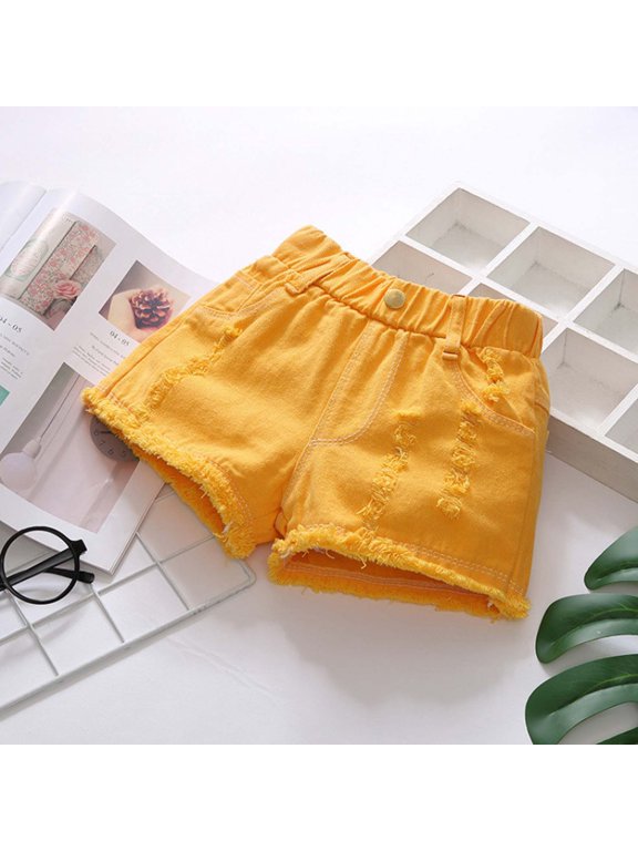 Girls Ripped Denim Shorts Summer Thin Distressed Casual Kids Jeans Yellow 6-7 Y