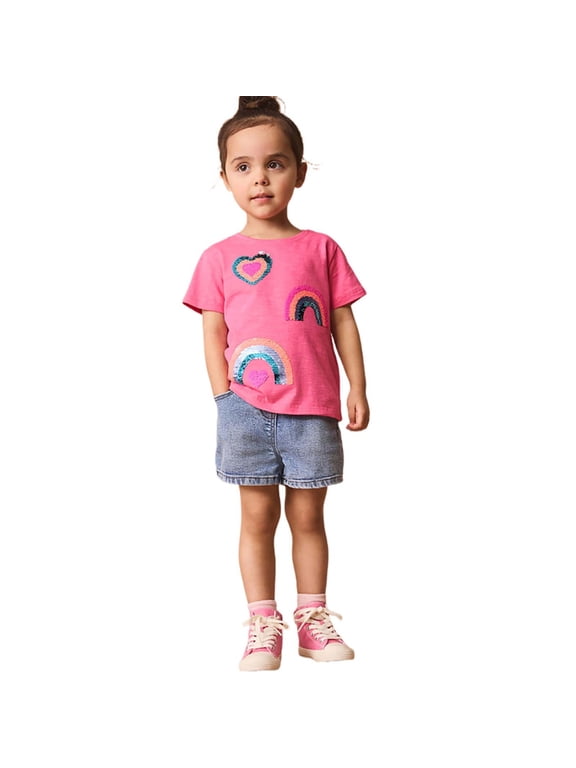 Girls T Shirts Heart Rainbow Sequin Print Crew Neck Short Sleeve Top Tee Hot Pink 5-6 Y