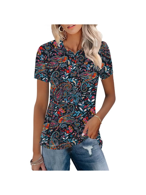 Mandarin Collar T Shirts for Womens Short Sleeve Floral Print Fashion Shirts Loose Fit Blouses Multicolour L