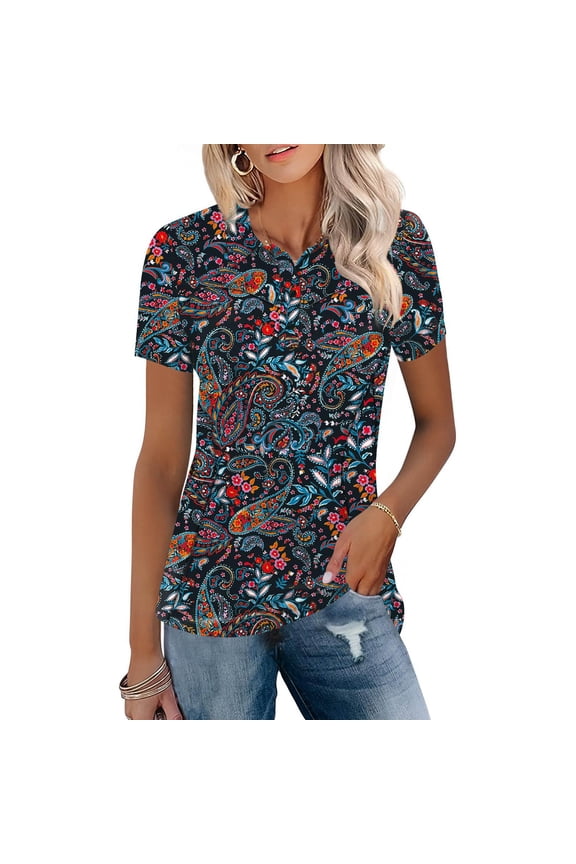 Mandarin Collar T Shirts for Womens Short Sleeve Floral Print Fashion Shirts Loose Fit Blouses Multicolour L
