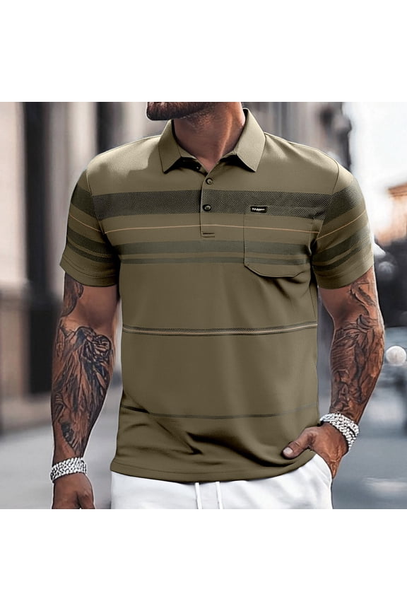Men Color Block Striped Polo Shirt Short Sleeve Lapel Button Open Neck Pocket Casual Loose Fit Shirt for Business and Everyday Wear