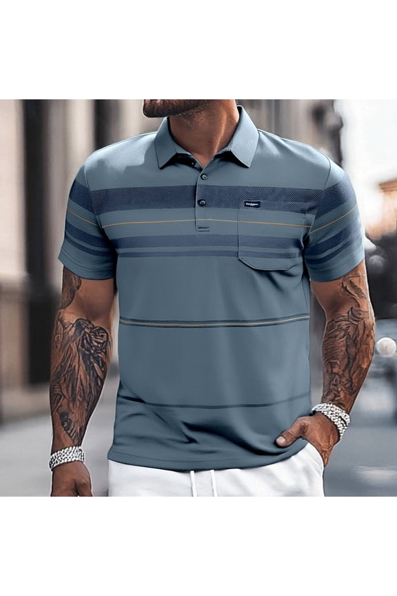 Men Color Block Striped Polo Shirt Short Sleeve Lapel Button Open Neck Pocket Casual Loose Fit Shirt for Business and Everyday Wear