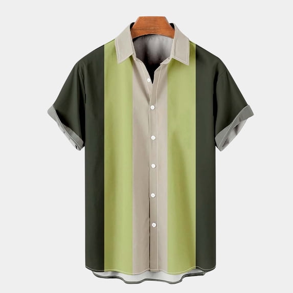 SXCXLSA Men Striped Shirt Loose Collar Short Sleeve Button Down Shirt Lightweight Classic Basic Tee Khaki S
