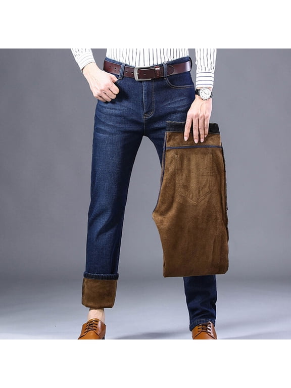 Men Thermal Jeans Lined Straight Leg Denim Pants Warm Stretch Casual Winter Trousers for Cold Weather