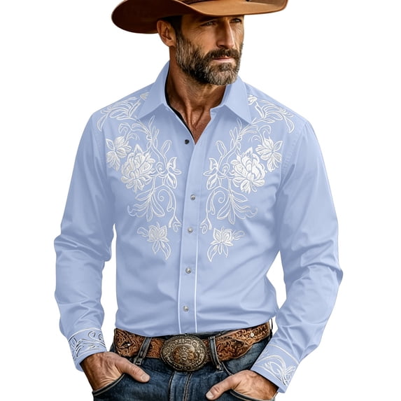 SXCXLSA Men Western Shirts Cowboy Embroidered Long Sleeve Button Collar Shirt Regular Fit Business Work Office Tops With Floral Design Light Blue XXXXXL