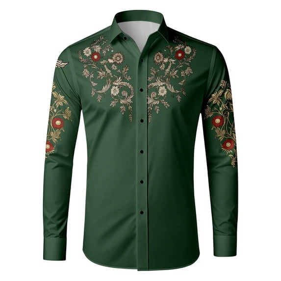 SXCXLSA Men Western Shirts Long Sleeve Button Collar Cowboy Embroidered Shirt Retro Classic Basic Tops With Floral Design Dark Green XL