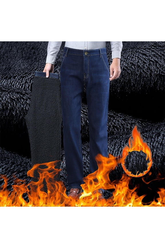Mens Winter Thermal Jeans with Fleece Lining, Straight Leg Stretch Denim Trousers