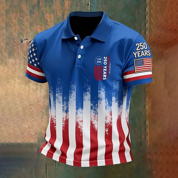 SXCXLSA Mens 250 Anniversary USA Polo Shirts Short Sleeve Stand Collar Patriotic 4th Of July Shirt With Button Flag Stars Stripes Blouses Pullover Outfits Blue XL