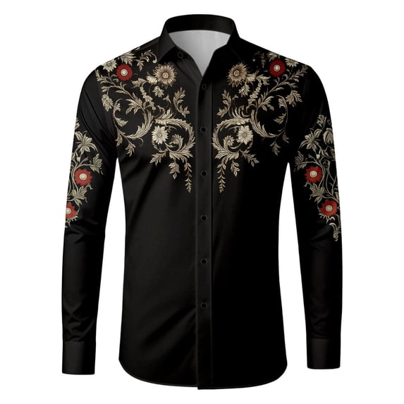 SXCXLSA Mens Western Shirts Embroidered Cowboy Long Sleeve Button Collar Shirt Regular Fit Business Casual Tops With Floral Design Black L