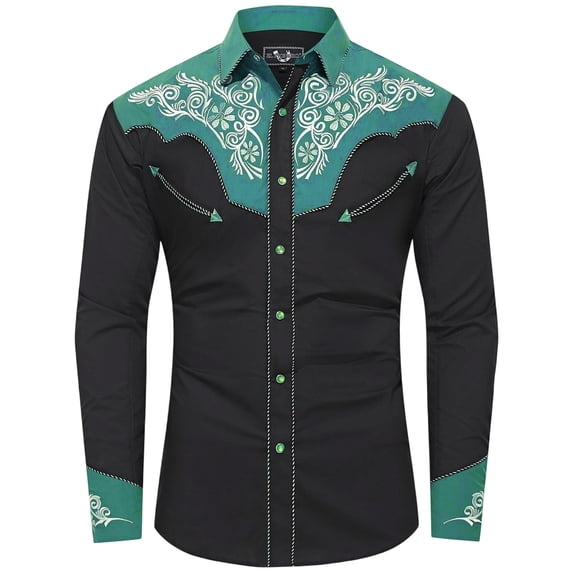 SXCXLSA Mens Western Shirts Long Sleeve Button Collar Embroidered Cowboy Shirt Regular Fit Business Casual Blouse With Floral Design Light Blue M
