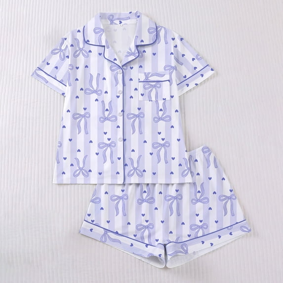SXCXLSA Pajamas for Women Set Short Sleeve Button Collar Top and Shorts Pj Set Bow Print Soft Nightwear Two Piece Sleepwear Sets Purple XXL