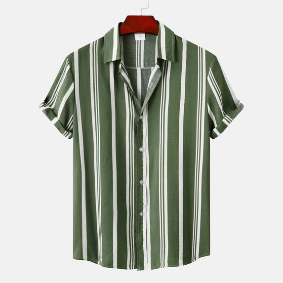 SXCXLSA Striped Shirt For Mens Loose Short Sleeve Collar Button Down Shirt Lightweight Business Work Office Tops Army Green XL