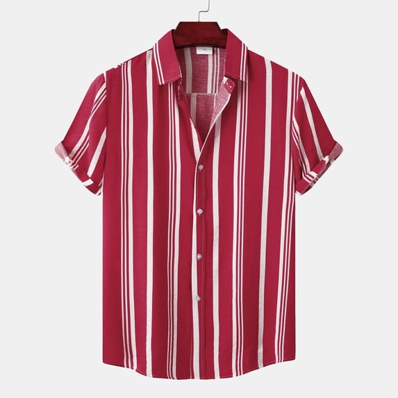 SXCXLSA Striped Shirt For Mens Relaxed Fit Short Sleeve Collar Button Down Shirt Breathable Business Work Office Blouse Wine XXL