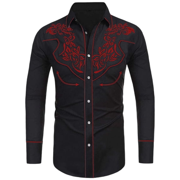 SXCXLSA Western Shirts For Mens Cowboy Embroidered Button Collar Long Sleeve Shirt Regular Fit Classic Basic Tee With Floral Design Red XXL