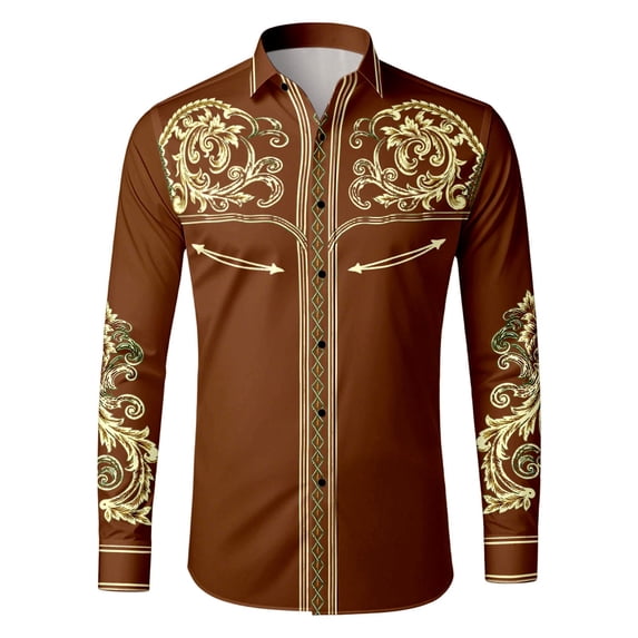 SXCXLSA Western Shirts For Mens Cowboy Embroidered Long Sleeve Button Collar Shirt Retro Business Casual Blouse With Floral Design Brown L