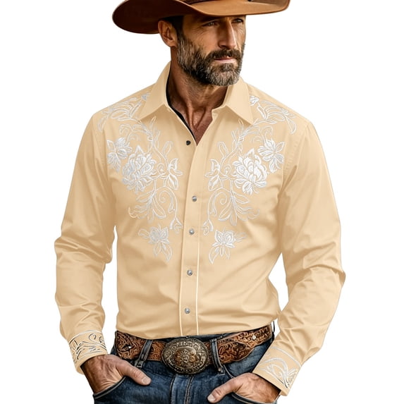 SXCXLSA Western Shirts For Mens Cowboy Embroidered Long Sleeve Button Collar Shirt Retro Classic Basic Tee With Floral Design Khaki S