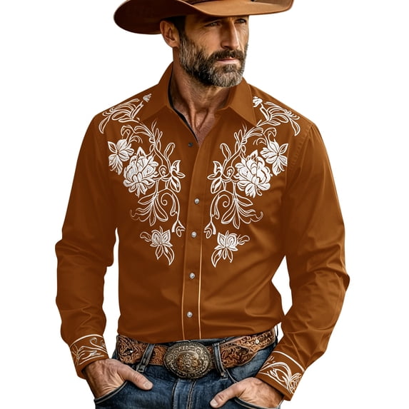 SXCXLSA Western Shirts For Mens Embroidered Cowboy Long Sleeve Button Collar Shirt Regular Fit Business Work Office Blouse With Floral Design Coffee XL