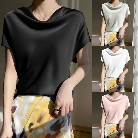 SXCXLSA Women French Style Silk TShirt Summer Neck Ice Silk Top Elegant Designer Short Sleeve Blouse Lightweight Soft Tunic Chic Sophisticated Ladies Fashion