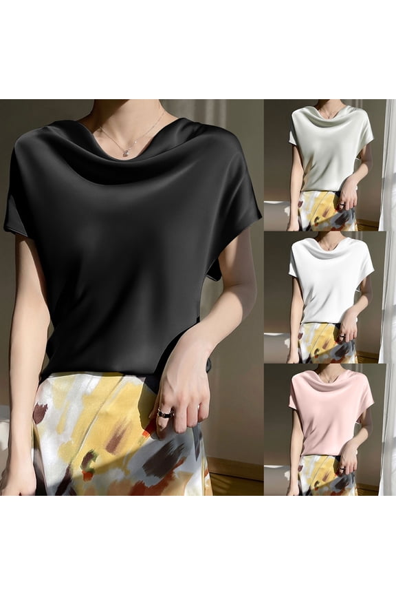 Women French Style Silk TShirt Summer Mock Neck Ice Silk Top Elegant Designer Short Sleeve Blouse Lightweight Premium Soft Tunic Chic Sophisticated Ladies Fashion