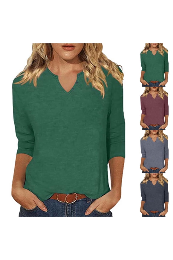Women's Cinched Waist Tunic Fashionable Button V Neck 3/4 Sleeve Top Casual Slimming Summer Blouse Elegant Solid Color Peplum Style TShirt Lightweight Feminine Quarter Sleeve Tee