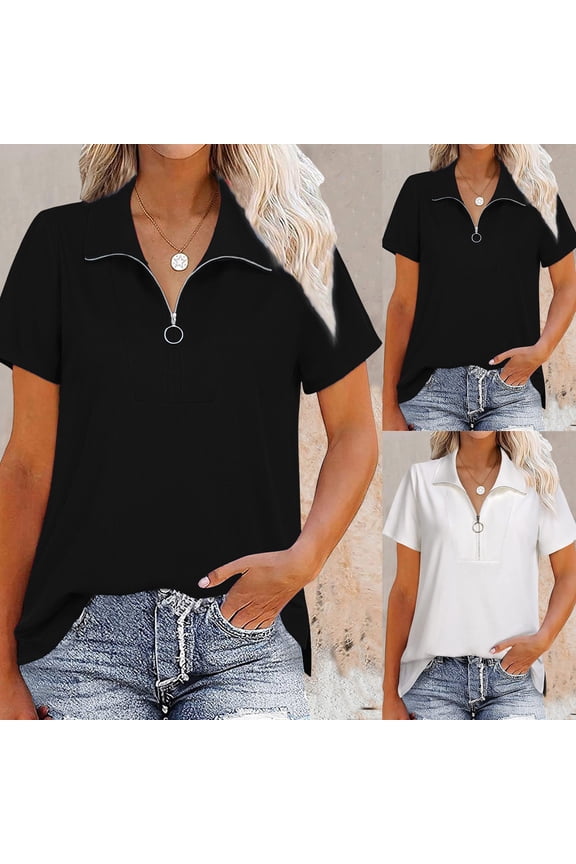 Women's Front Zipper TShirt, Casual Solid Color Short Sleeve Summer Top