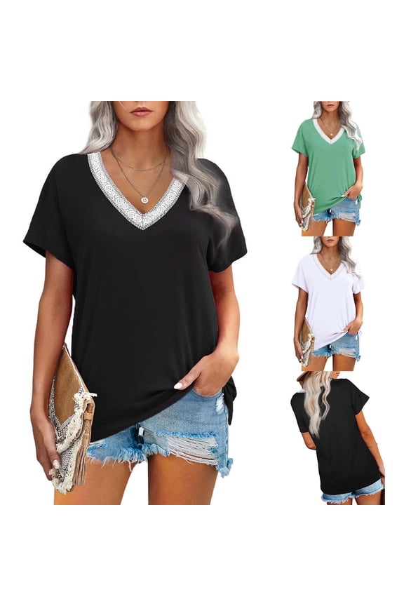 Women's Lace V Neck Top, Solid Color Short Sleeve Elegant Blouse