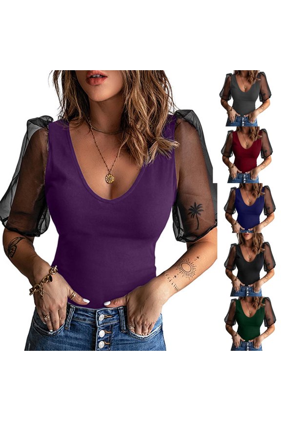 Women's Mesh Patchwork TShirt, UNeck Pullover Short Sleeve Summer Top