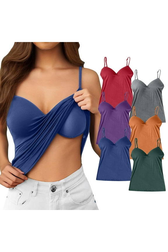 Women's Shelf Bra Camisole Tank Tops with Built in Bras Adjustable Spaghetti Strap Padded Top Seamless Back Undershirt Wire-Free Bra-T Integrated Cup Base Layering Shirt