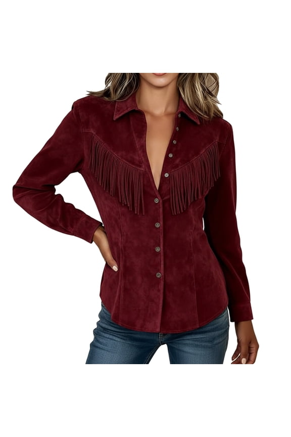 Women's Short Sleeve Suede Blouse Western Fringed Crop Top Slim Fit V Neck Cowgirl Shirt with TasselsTrendy Solid Color Summer StreetwearBoho Retro Casual Top for Rodeo Event