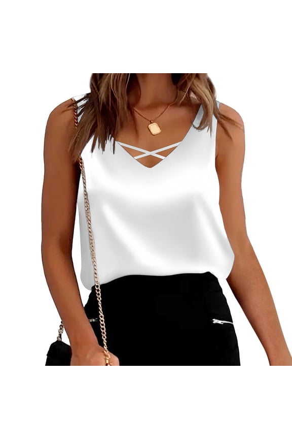 Women's V Neck Criss Cross Front Cami Top Solid Casual Summer White XXL