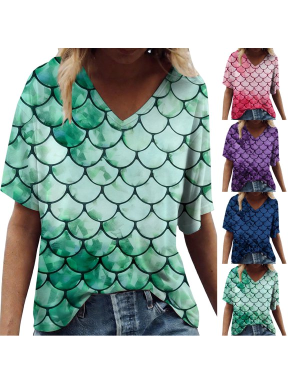 Women's V-Neck Scale Print T-Shirt, Digital Graphic Loose Short Sleeve Top, Summer Sea Theme Fashion Tee, Breathable Lightweight Beach Party for Ladies, Multicolor, S-3XL