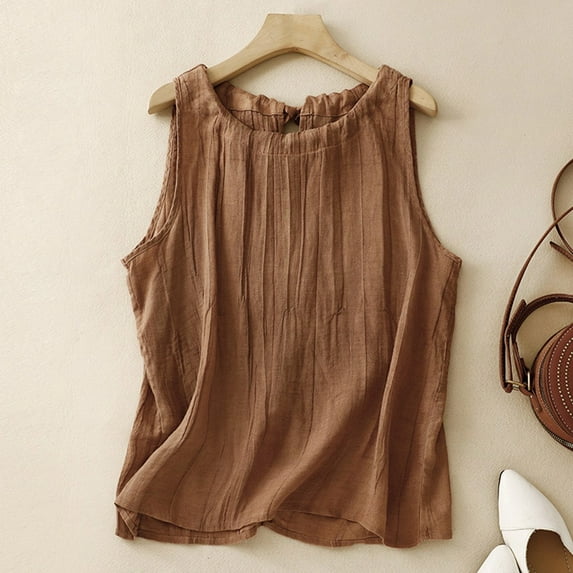 SXCXLSA Women's Vintage Loose Tencel Ruched Cami Top Spaghetti Strap Sleeveless Summer Artsy Coffee L