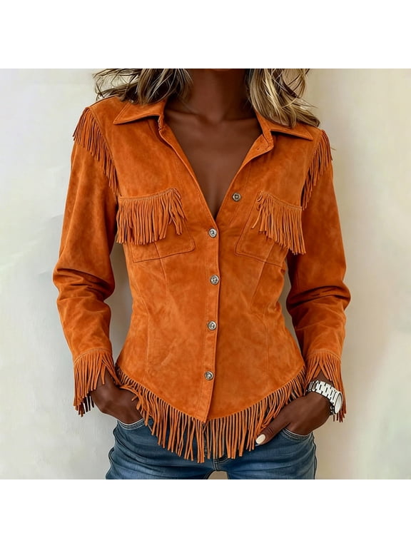 Women's Western Suede Fringed Cardigan Long Sleeve Open Front Tassel Jacket OutwearLightweight Cowgirl Style Boho Cropped Bolero ShrugVintage Solid Color Ethnic Coat for Fall Fashion