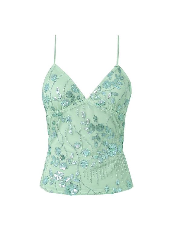 Women's Y2K Embroidered Mesh Sequin Backless Cami Top V Neck Sleeveless Mint Green L