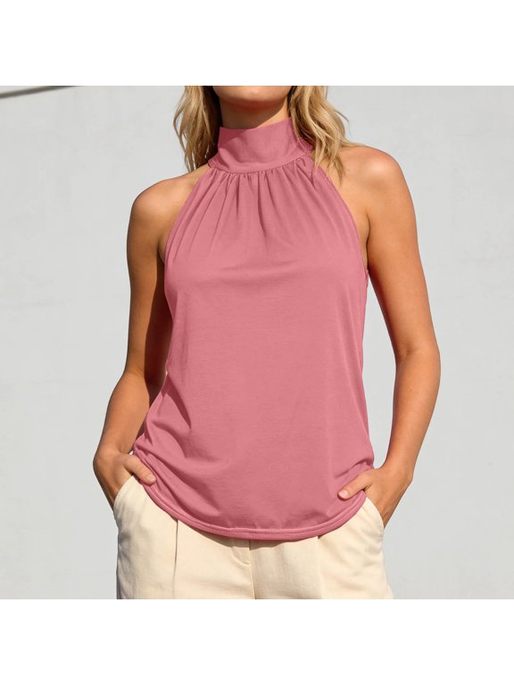 Womens Crew Neck Halter Tie Back Sleeveless Cami Top Casual Going Out Spaghetti Strap Solid Pink XXL
