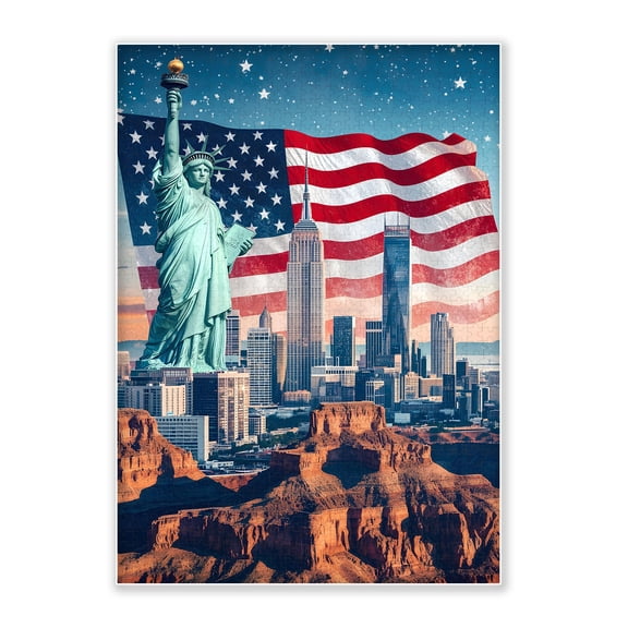 SXFVHN 1000-Piece Adult Wood Jigsaw Puzzle, USA Landmarks Flag Design – Intellectual Challenge, High-Difficulty, Relaxing Family Activity, Home Decoration, Eco-Friendly, 29.5x19.7in