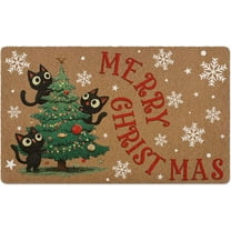SXFVHN Funny Black Cat Xmas Tree Door Mat, Merry Christmas Snowflake Artificial Coir Front Door Mat Indoor Outdoor Entrance, Cute Winter Holiday Doormat Rug for Porch Entryway Patio Decor 30x17"
