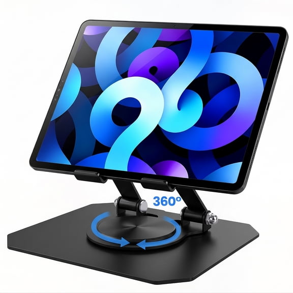 SXHELECOK 360° Rotating Tablet Stand for Desk, Height-Adjustable Foldable Metal Holder for 4-13 inch Tablets, Multi-Angle, Black