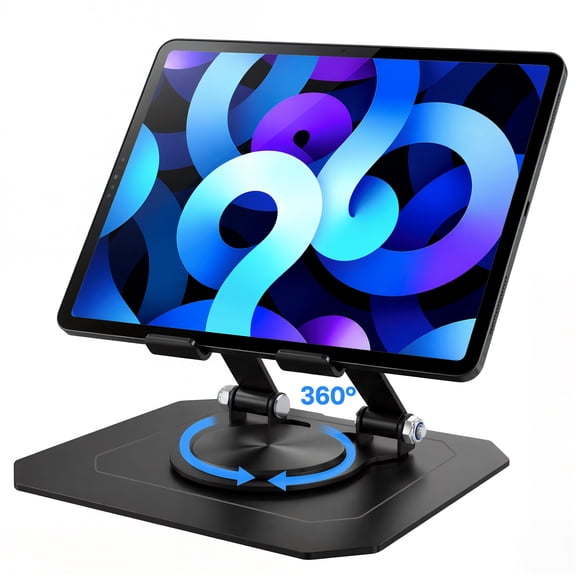 SXHELECOK 360° Rotating Tablet Stand for Desk, Height-Adjustable Foldable Metal Holder for 4-13 inch Tablets, Multi-Angle, Black