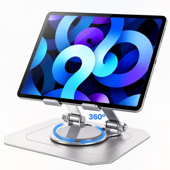 SXHELECOK 360° Rotating Tablet Stand for Desk, Height-Adjustable Foldable Metal Holder for 4-13 inch Tablets, Multi-Angle, Silver